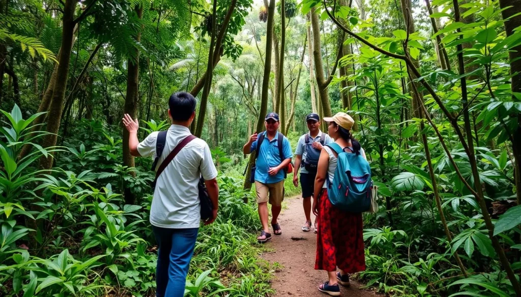 Local guide leading tourists on a hiking trail through the dense forest of Laiwangi Wanggameti National Park Local guide leading tourists on a hiking trail through the dense forest of Laiwangi Wanggameti National Park