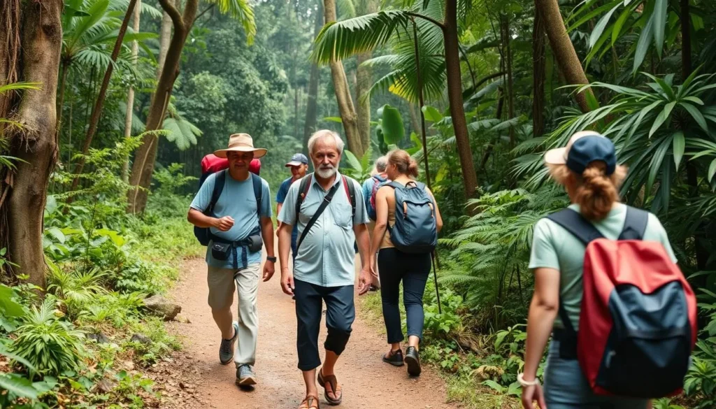 Local guide leading tourists on a jungle trail in Mount Leuser National Park Local guide leading tourists on a jungle trail in Mount Leuser National Park