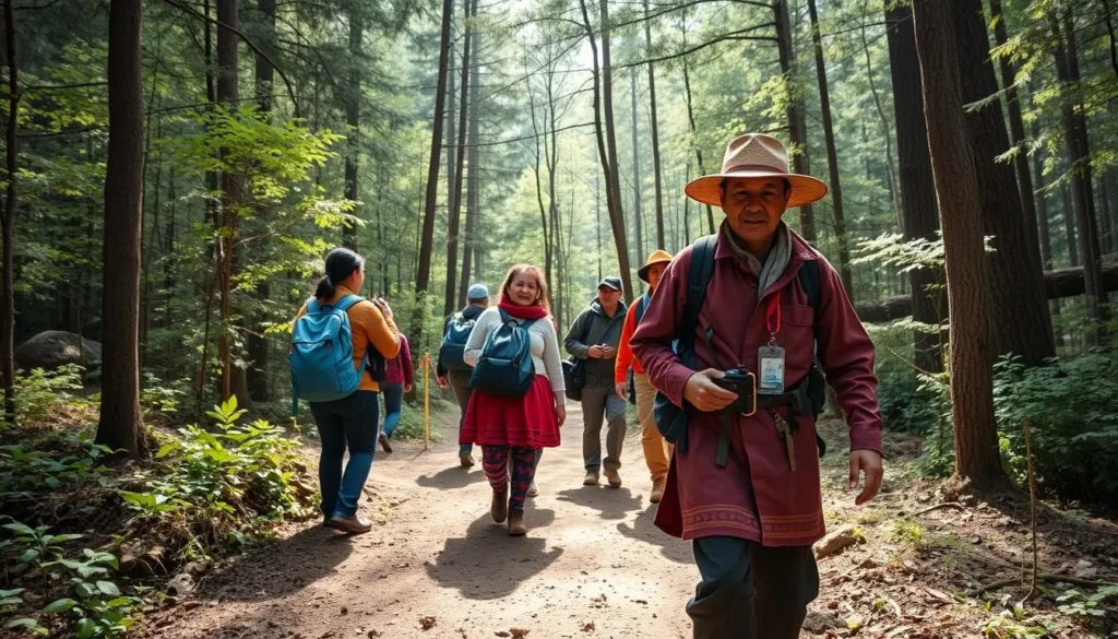 Local guide leading tourists on a trail through Torsa Strict Nature Reserve forests