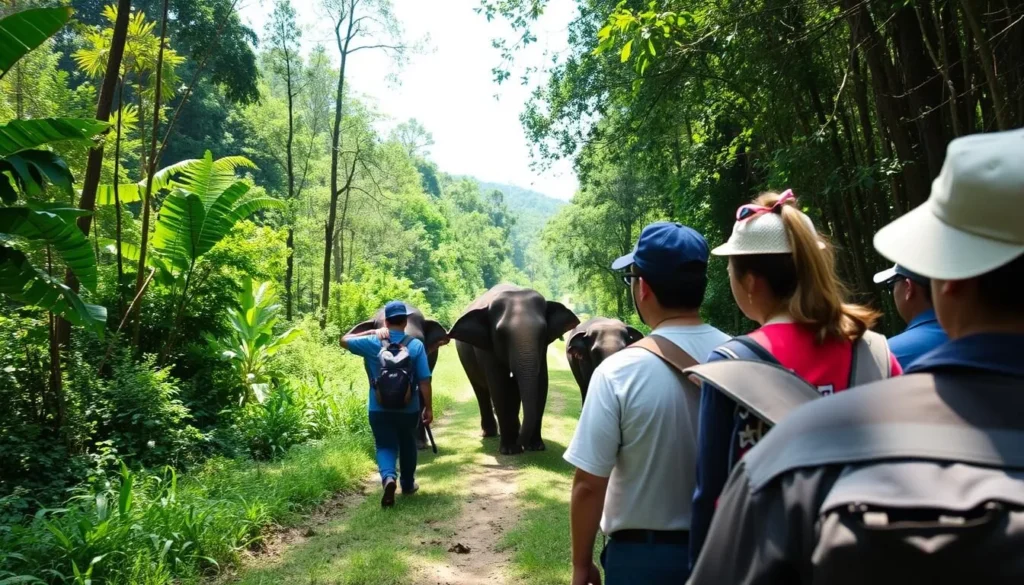 Local guide leading tourists on an elephant trek through Xe Pian National Protected Area
