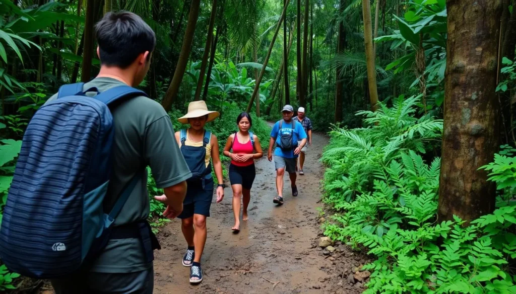 Local guide leading tourists through muddy jungle trail in Siberut Island National Park