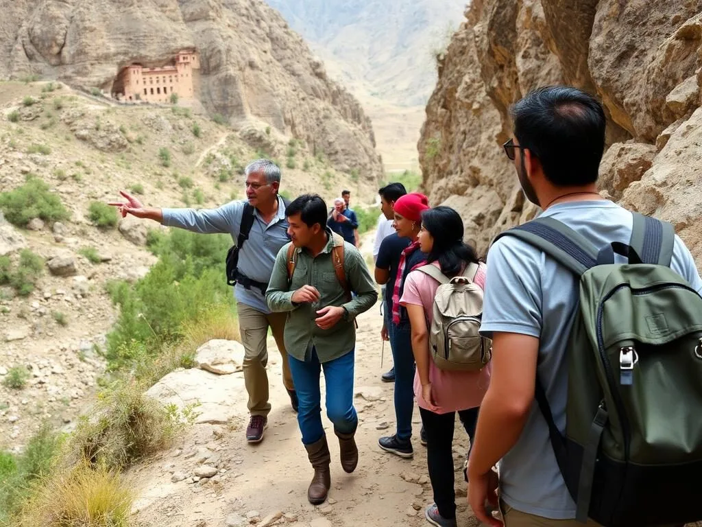 Local guide leading visitors on a trail to a hidden monastery in Qadisha Valley Local guide leading visitors on a trail to a hidden monastery in Qadisha Valley