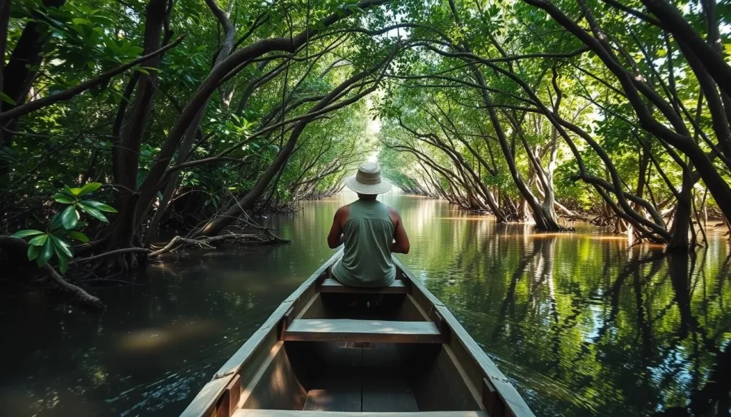 Local guide navigating a small wooden boat through narrow mangrove channels in Rio Kruta National Park