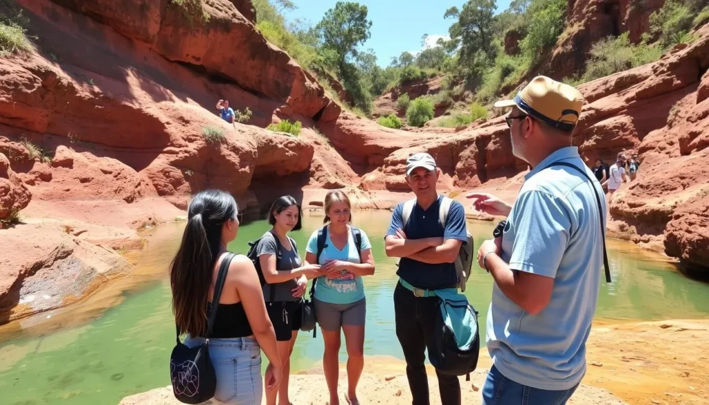 Local guide showing tourists around Las Gachas in Guadalupe Colombia