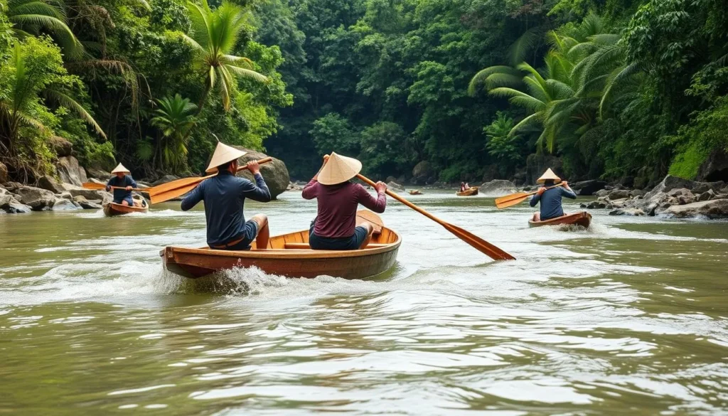 Local guides navigating rapids in a traditional longboat on Embaloh River