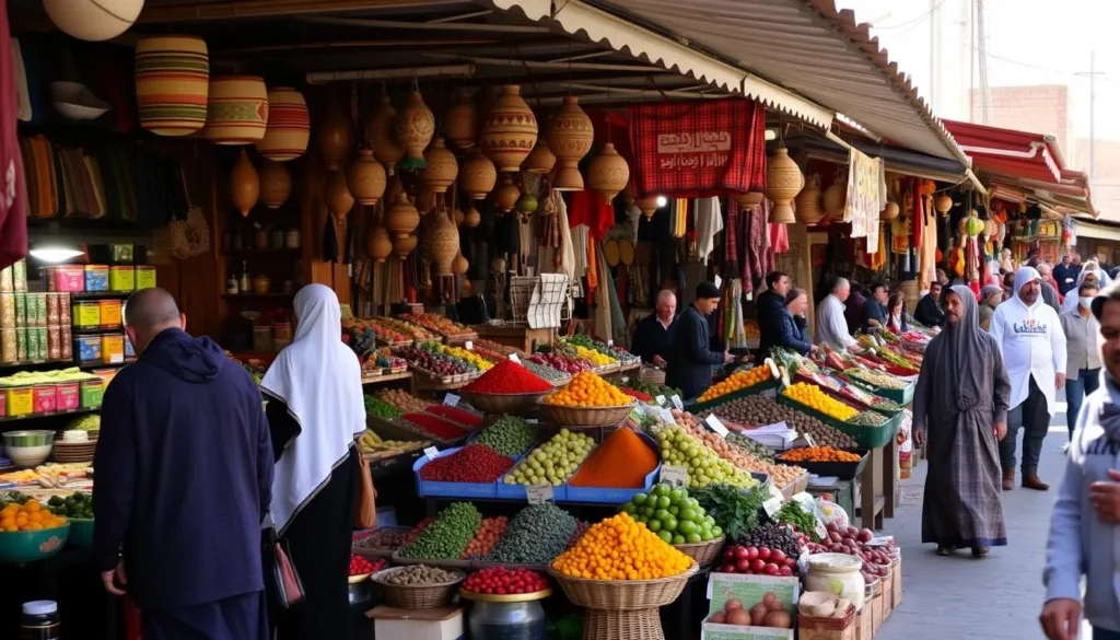Local market day in Aourir with colorful stalls selling fruits and spices