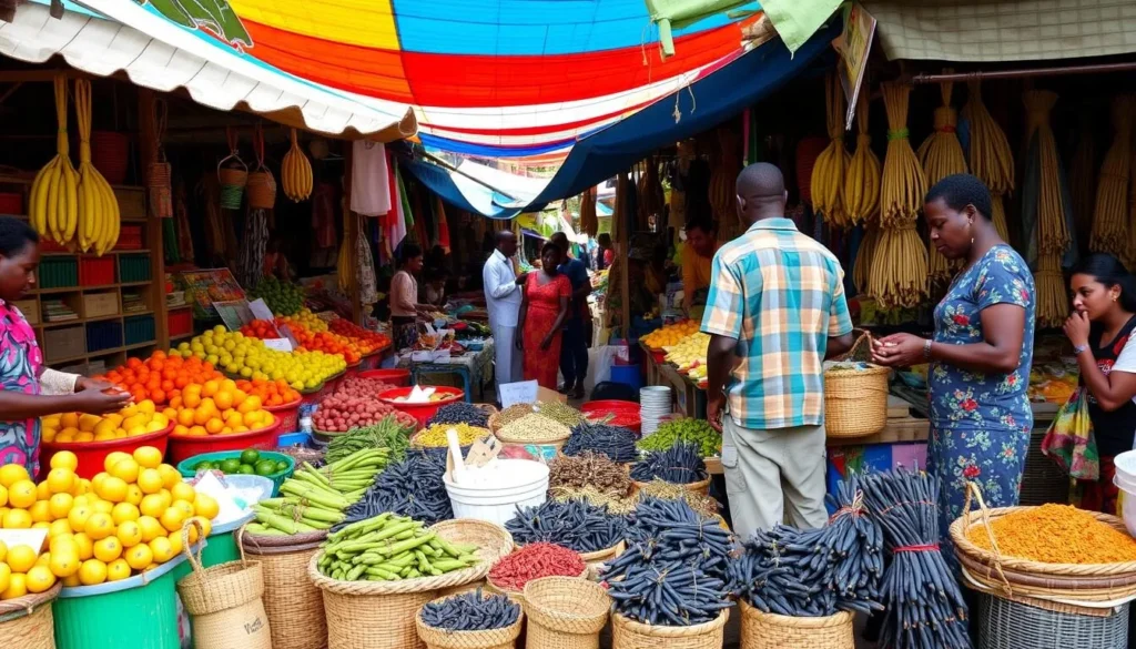 Local market in Antalaha, Madagascar with vendors selling fresh produce and vanilla Local market in Antalaha, Madagascar with vendors selling fresh produce and vanilla