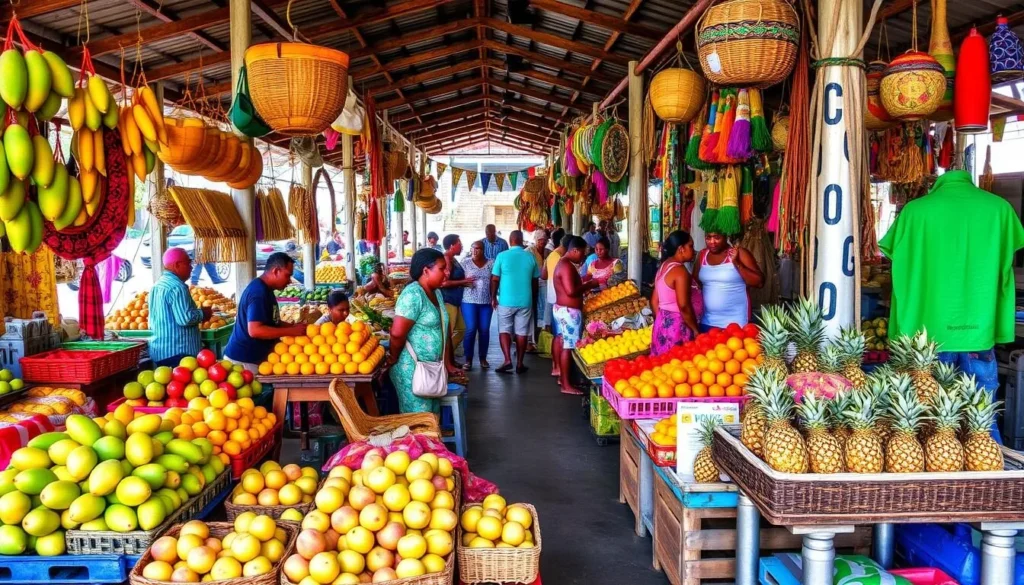 Local market in Antigua with colorful fruits, vegetables and crafts