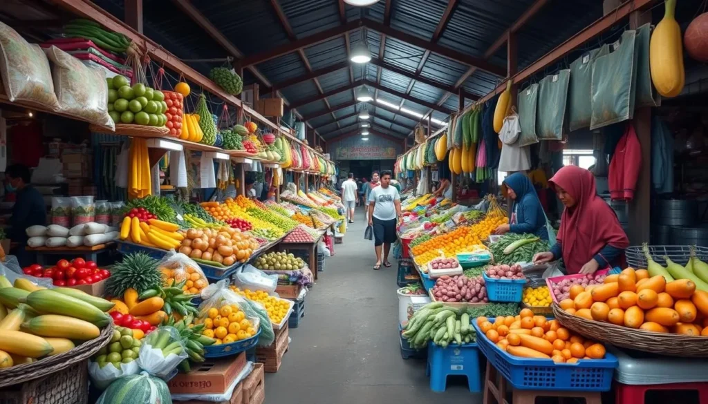 Local market in Balikpapan with vendors and colorful produce