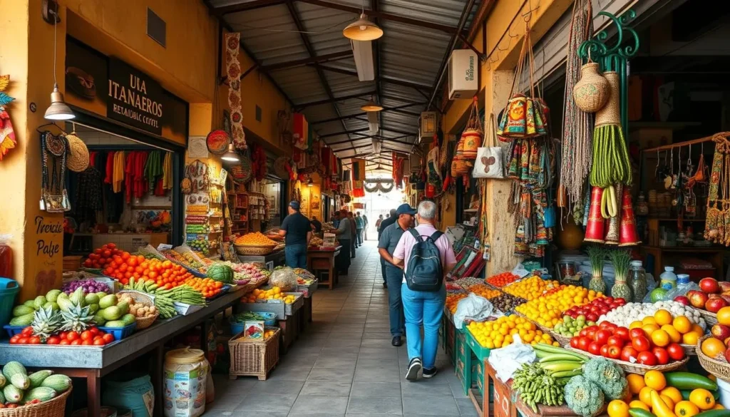 Local market in Ciudad Nezahualcoyotl with vendors selling fresh produce and crafts