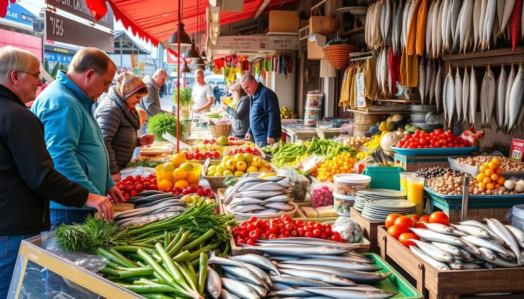 Local market in Kacha with vendors selling fresh produce and seafood