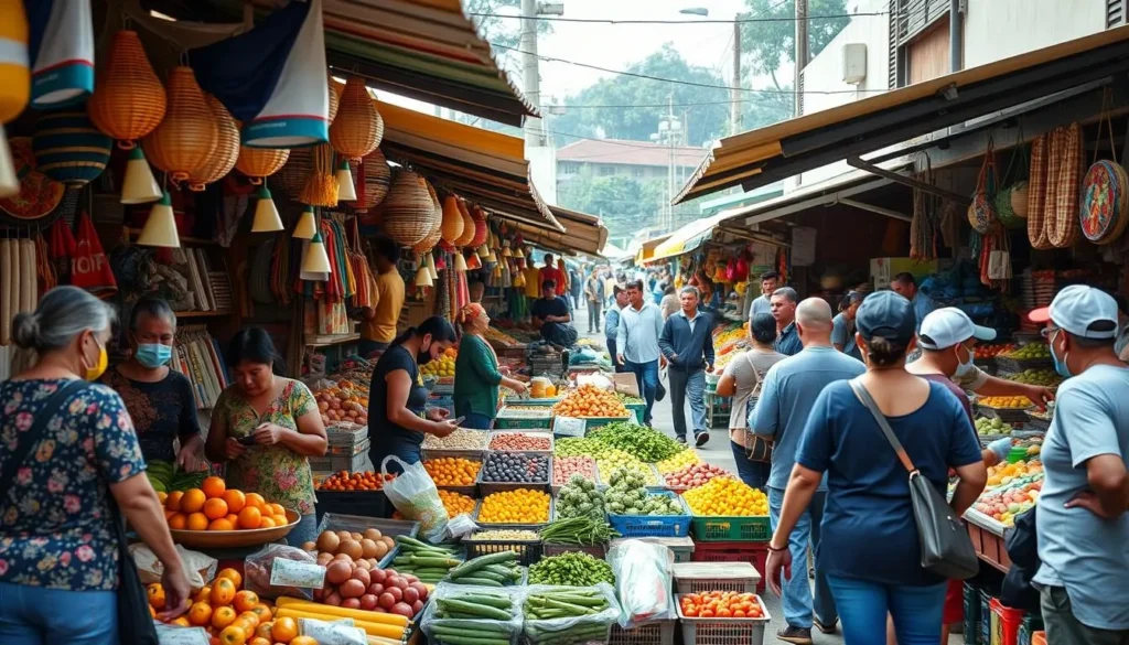 Local market in Santa Cruz showing vendors and customers interacting