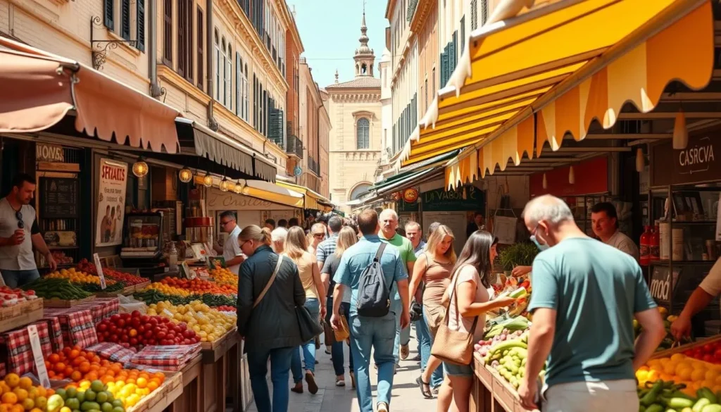 Local market in Toulouse with vendors and shoppers interacting on a sunny day
