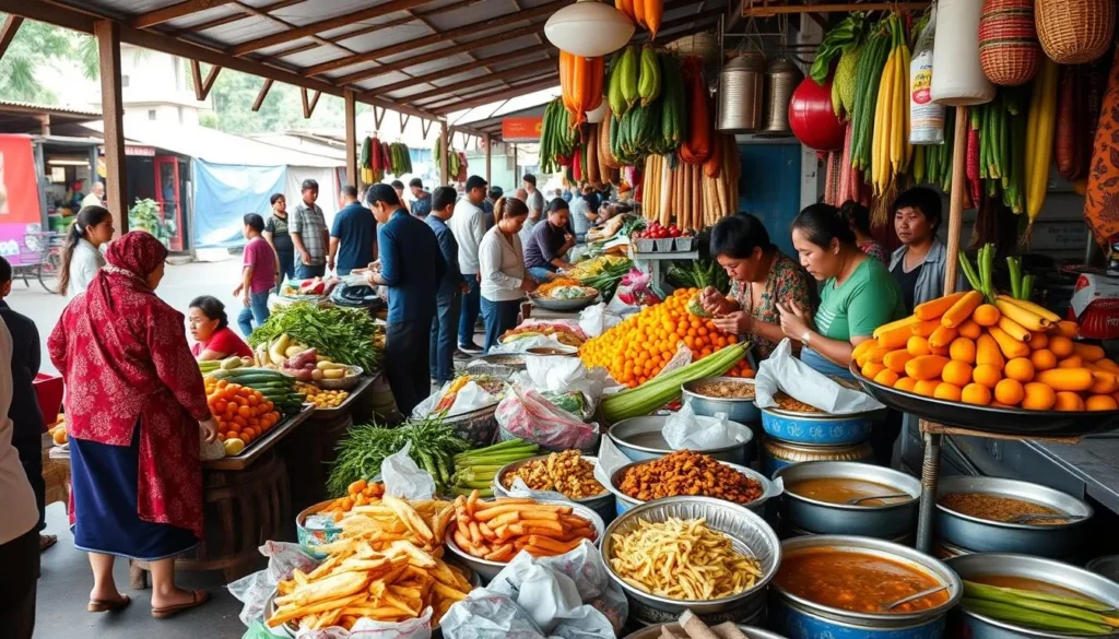 Local market in Xam Neua with fresh produce and food vendors