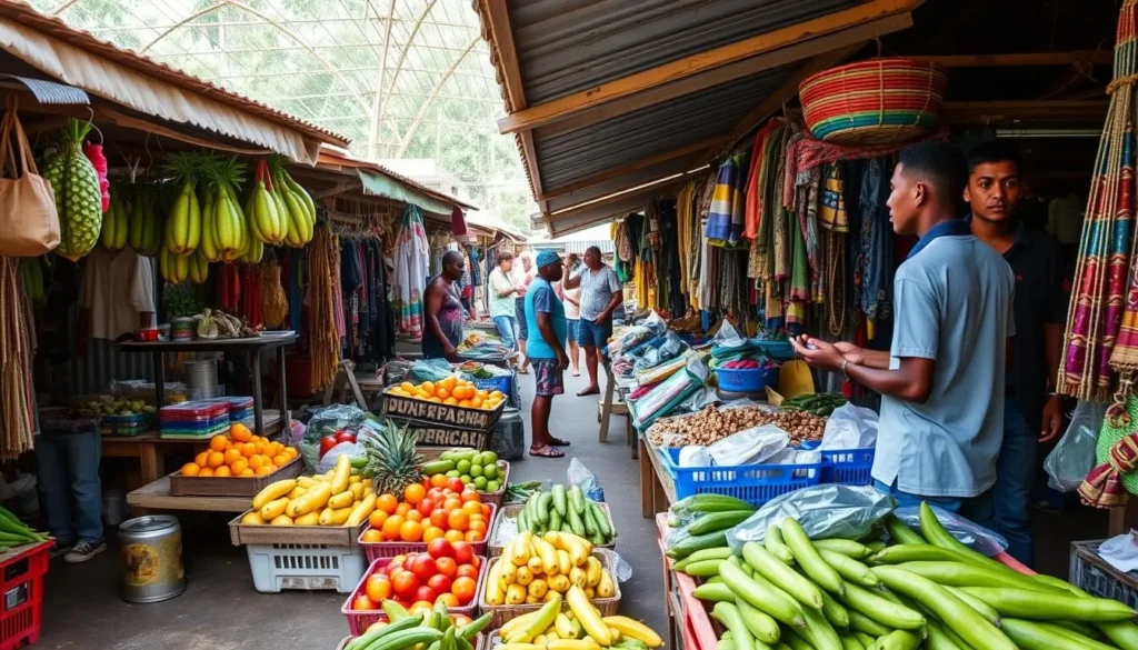 Local market scene in Dangriga with vendors selling fresh produce, seafood and crafts Local market scene in Dangriga with vendors selling fresh produce, seafood and crafts
