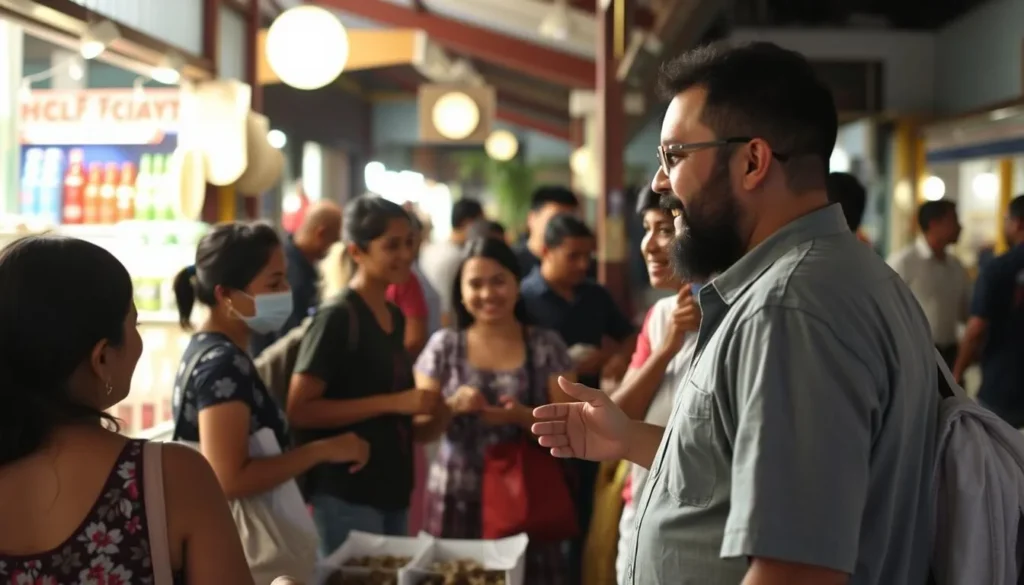 Local market scene in La Lima Honduras showing friendly interactions between locals and visitors