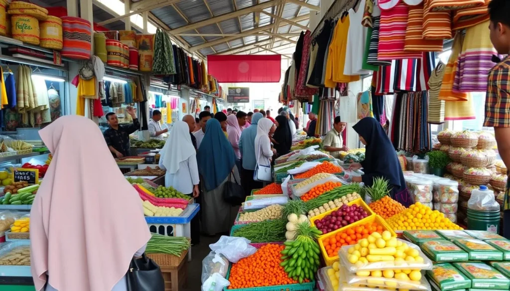 Local market scene in Pekanbaru with vendors and shoppers in traditional attire