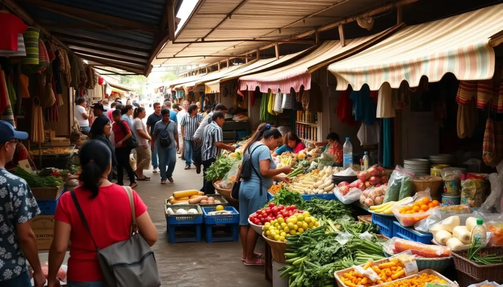 Local market scene in Siguatepeque with vendors and shoppers