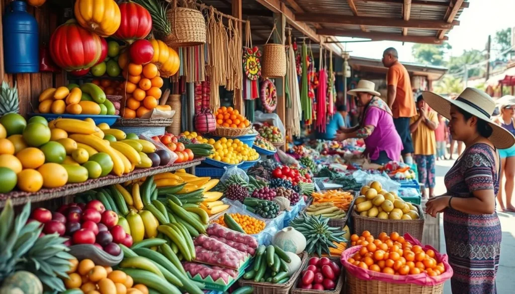 Local market scene in Trujillo with colorful fruits and vegetables