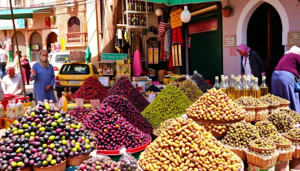 Local market (souk) in El Kelaa des Sraghna with vendors selling olives and olive oil, Morocco