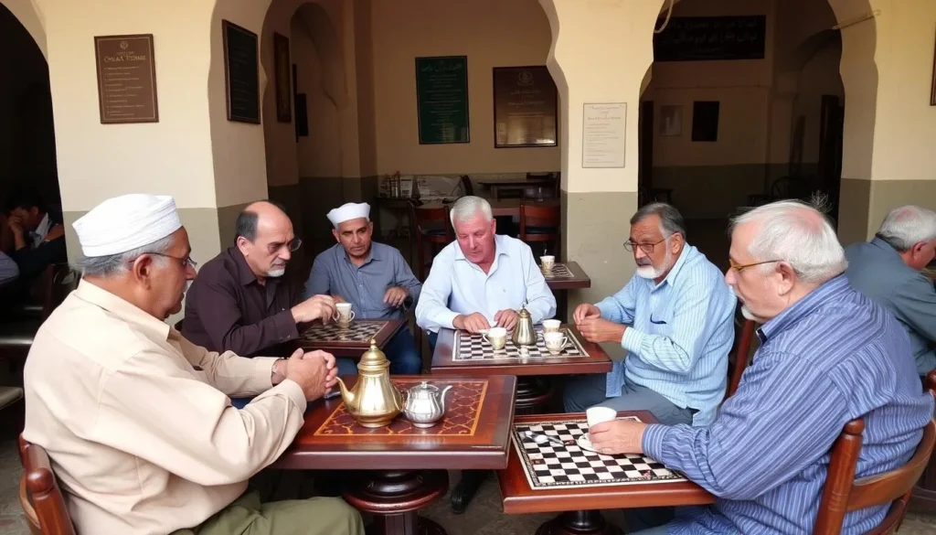 Local men enjoying mint tea at a traditional café in Oulad Teima