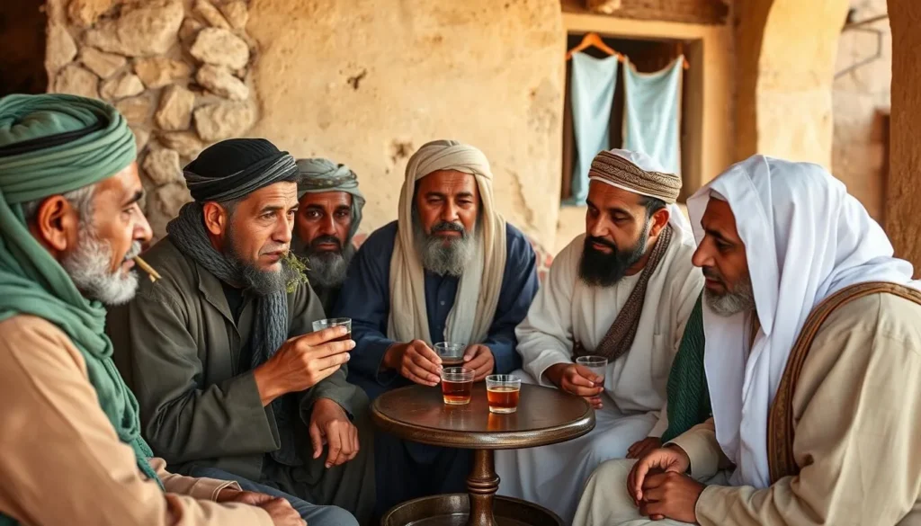 Local men in traditional Yemeni clothing gathering at a tea house in Shibam