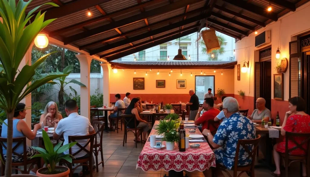 Local paladar (private restaurant) in Jiguani with diners enjoying meals on a covered patio