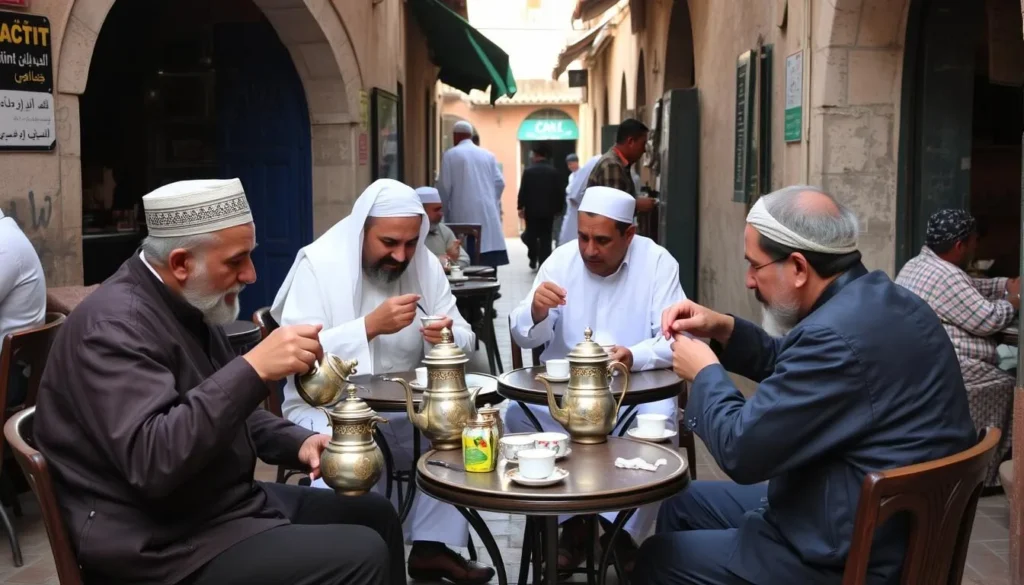 Local residents enjoying mint tea at a traditional cafe in Inezgane Morocco Local residents enjoying mint tea at a traditional cafe in Inezgane Morocco