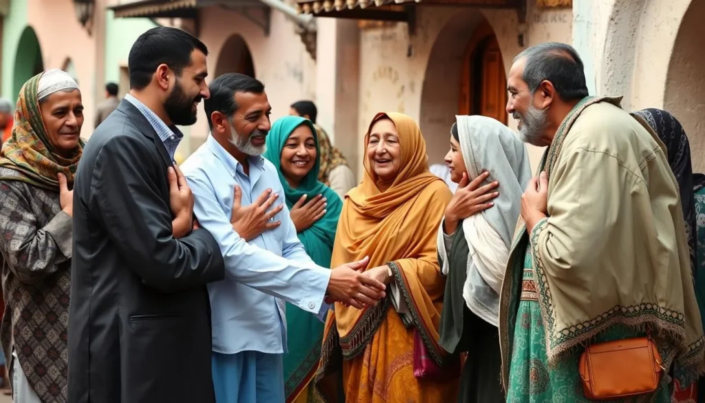 Local residents greeting each other in a traditional Moroccan manner in Sidi Slimane