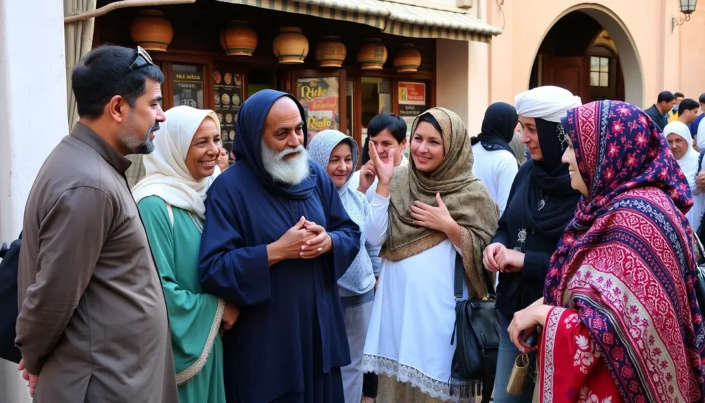 Local residents in traditional Moroccan clothing greeting visitors in Lqliaa