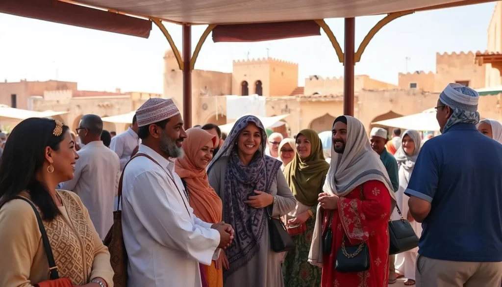 Local residents in traditional Moroccan dress greeting visitors in Souk El Arbaa