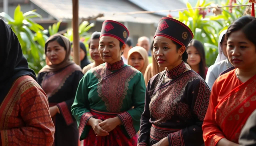 Local residents in traditional clothing at a cultural ceremony in Palembang