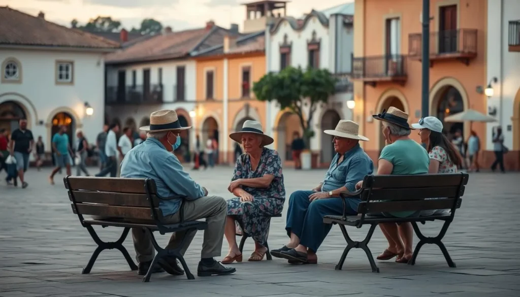 Local residents of Barichara sitting on benches in the main square chatting in the evening Local residents of Barichara sitting on benches in the main square chatting in the evening