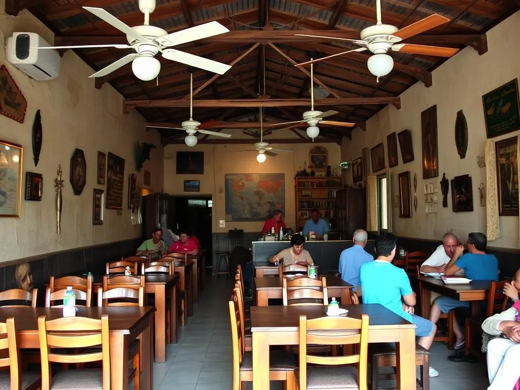 Local restaurant in Banes, Cuba with traditional decor and diners enjoying meals
