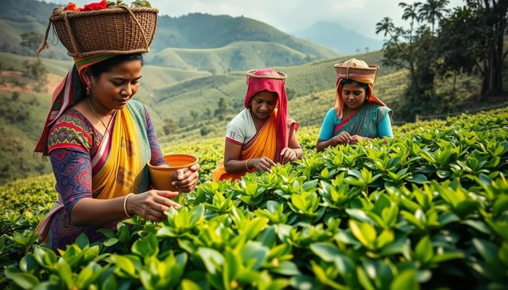 Local tea pickers harvesting tea leaves in the plantations around Ella