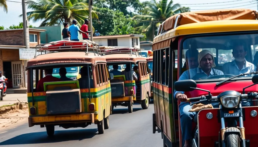 Local transportation in Ambanja with colorful taxi-brousses and motorcycles on a busy street Local transportation in Ambanja with colorful taxi-brousses and motorcycles on a busy street