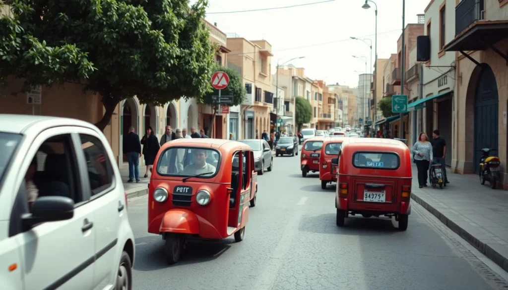 Local transportation in Berrechid, Morocco showing petit taxis and busy street