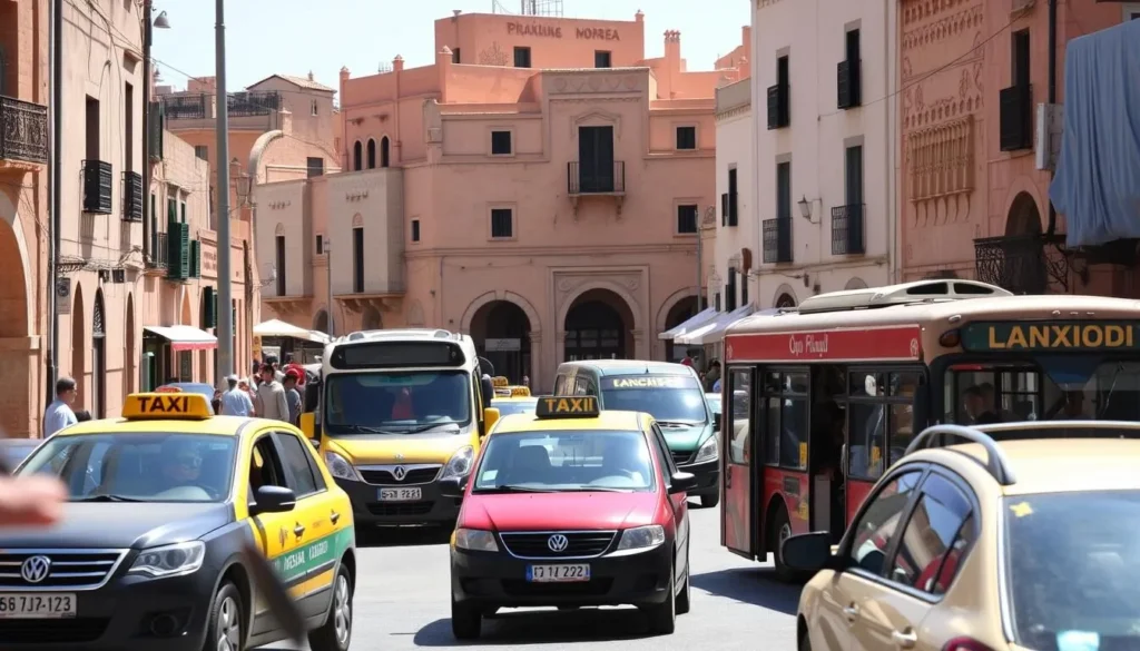 Local transportation in El Kelaa des Sraghna with traditional and modern vehicles, Morocco