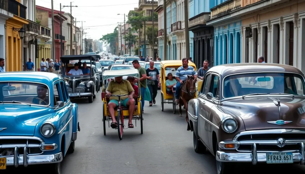 Local transportation in Jovellanos with classic cars and horse-drawn carriages on a town street