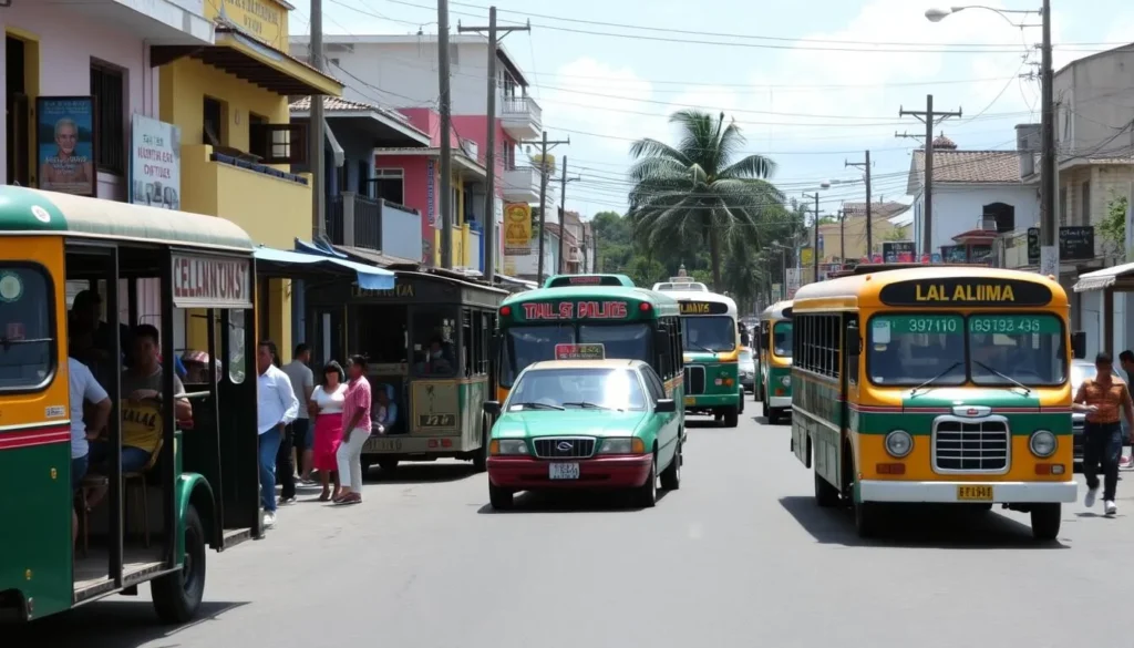 Local transportation in La Lima Honduras showing colorful buses and taxis