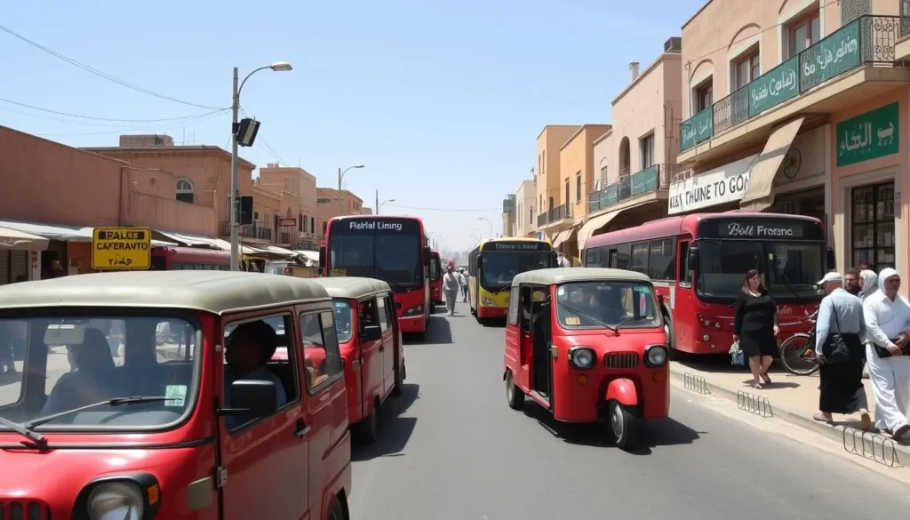 Local transportation in Lqliaa, Morocco showing petit taxis and buses