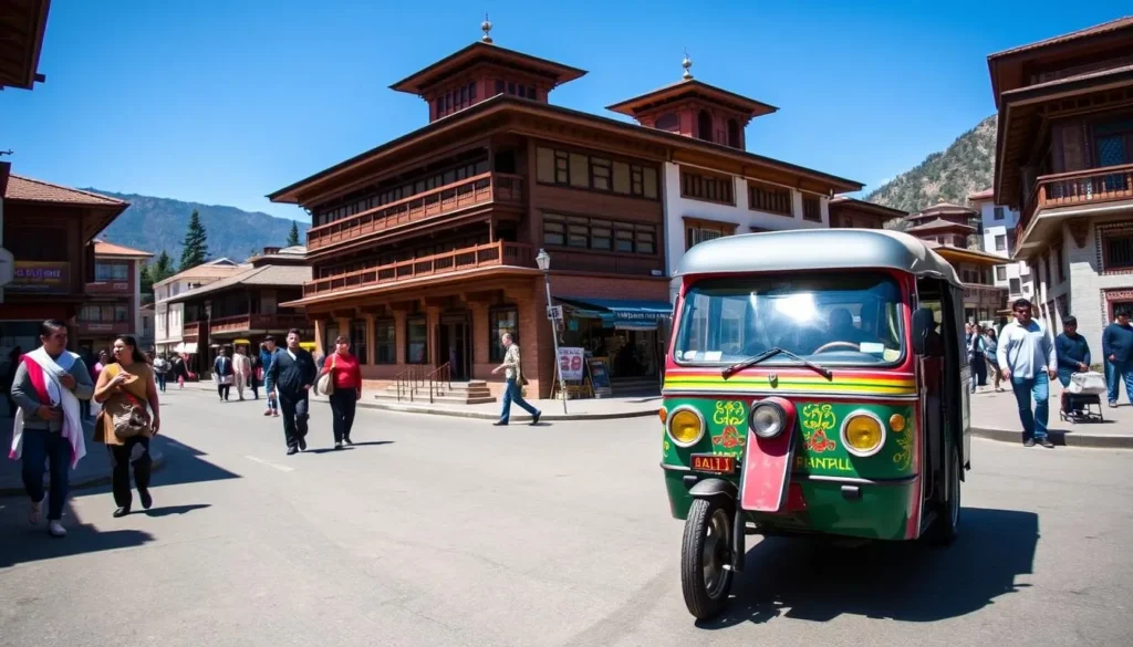 Local transportation in Samdrup Jongkhar showing a traditional Bhutanese taxi and pedestrians on a clean street