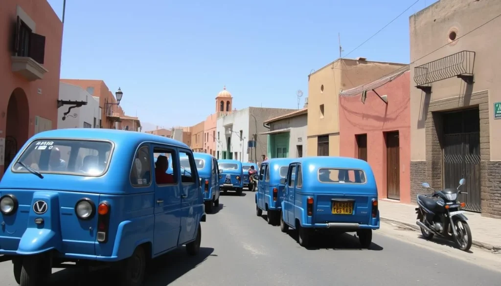Local transportation in Tifelt, Morocco showing petit taxis