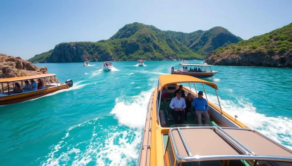 Local transportation options in Huatulco including water taxis navigating between bays