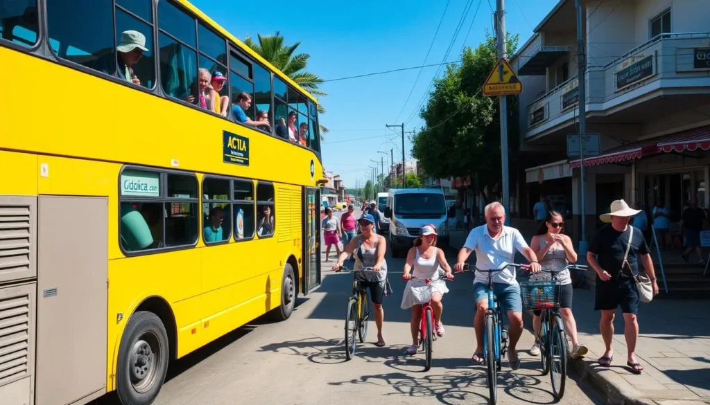 Local transportation options in Kacha settlement with buses and rental bicycles