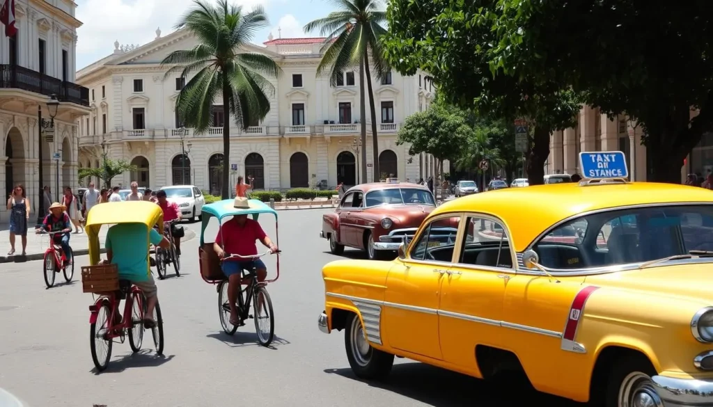 Local transportation options in Manzanillo, Cuba including bicycle taxis and classic cars