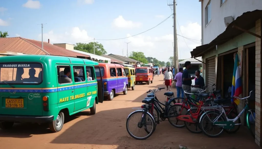 Local transportation options in Nosy Varika including colorful taxi-brousses and bicycle rentals