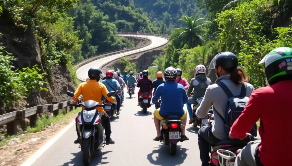 Local transportation options in Phou Luang Massif area showing motorbikes on mountain roads