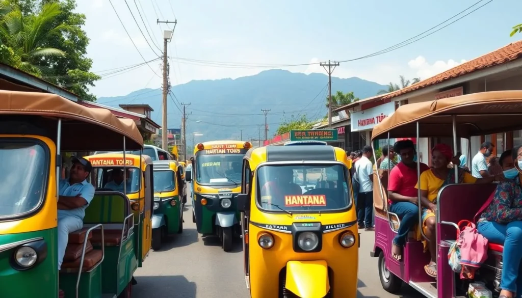 Local transportation options near Hantana Mountain Range including tuk-tuks and tour vehicles