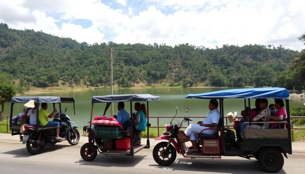 Local transportation options near Lake Telaga Warna with traditional vehicles